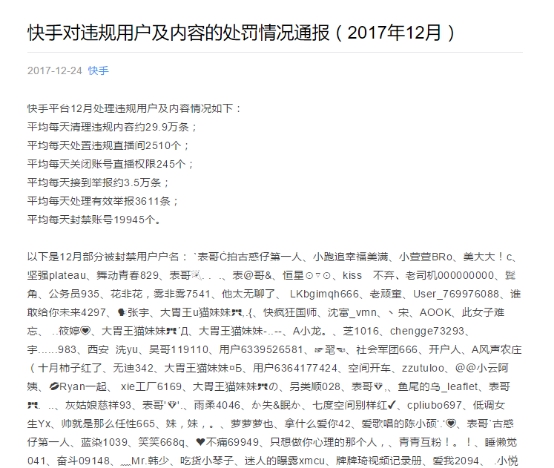 快手12月处罚通报公布 对违法违规内容零容忍