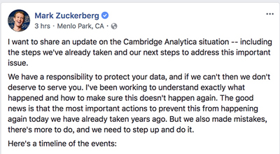 扎克伯格承认脸书犯错：保护不了用户信息就不配提供服务