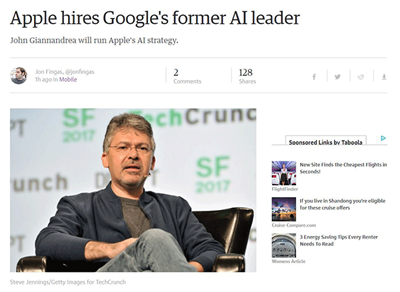 谷歌搜索与人工智能部门主管将入职苹果