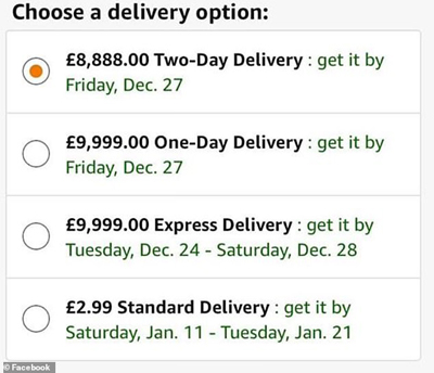 亚马逊定价惊呆英国用户：45元的圣诞礼物快递费9万
